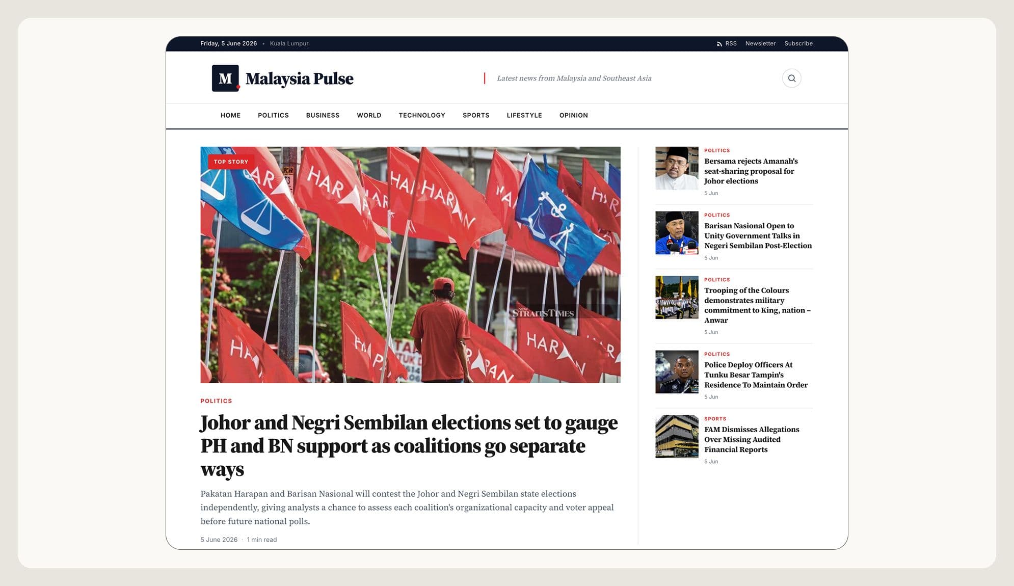 影响力行动·图 7：虚假媒体“Malaysia Pulse”，行动相关页面之一；域名注册于 2026 年 5 月 10 日。