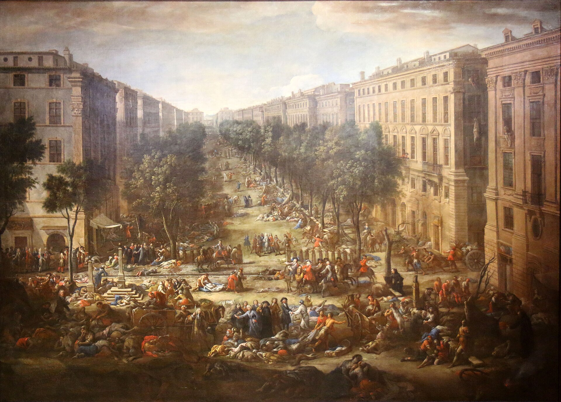 Michel Serre描绘1720年马赛Cours Belsunce瘟疫现场的历史绘画