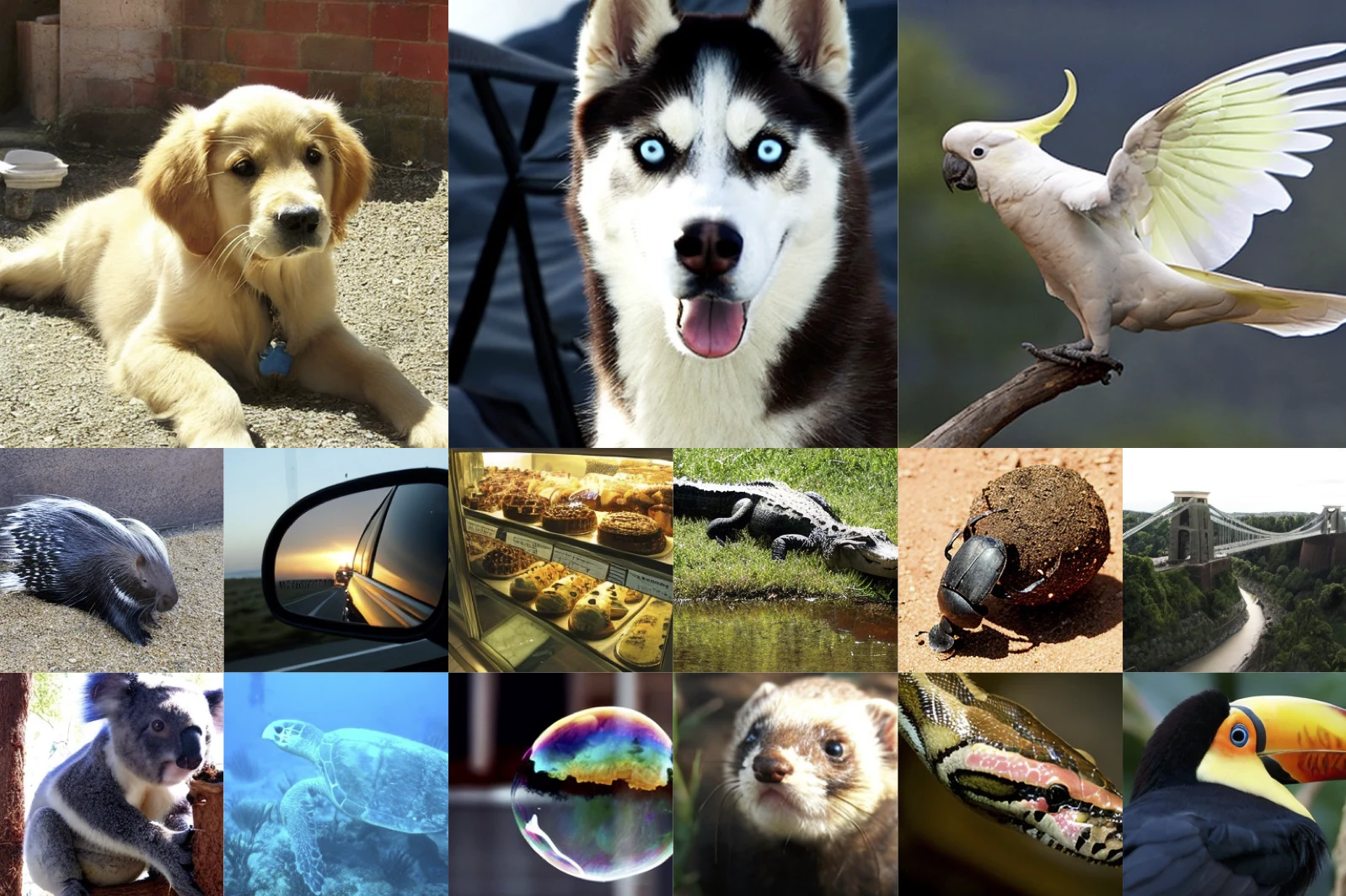 DiT-XL/2 在 ImageNet 上生成的犬、鸟、昆虫、建筑等类别条件样例