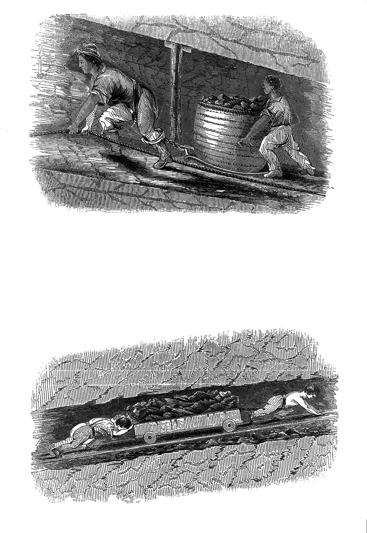 1843年英国矿井童工调查插图，儿童在狭窄地下巷道拉动煤车