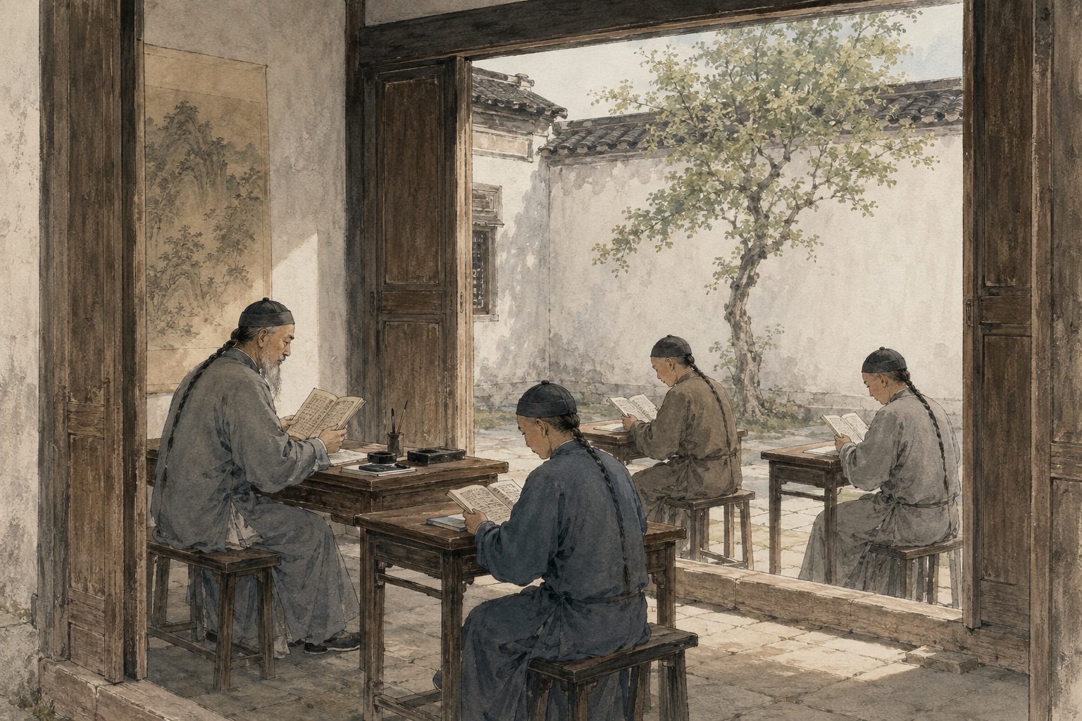 清代徽州书院的师生在木桌前读书，窗外是庭院