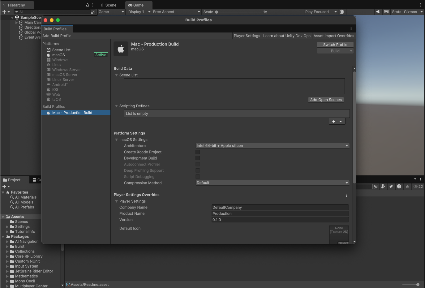 Unity 6 编辑器中的 Build Profiles 窗口